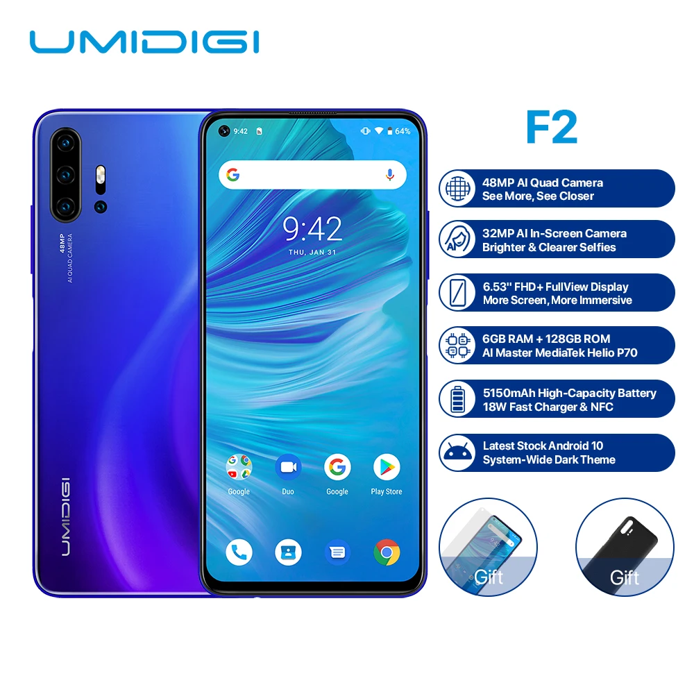 UMIDIGI F2 Smartphone Android 10 Helio P70 48MP AI Quad Cameras 5150mAh 6GB RAM 128GB ROM 6.53