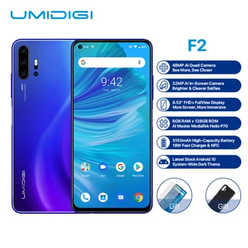 Перейти на Алиэкспресс и купить Смартфон UMIDIGI F2, Android 10, Helio P70, четыре камеры AI 48 МП, 5150 мАч, 6 ГБ ОЗУ 128 Гб ПЗУ, экран 6,53 дюйма FHD + NFC, глобальная версия, двойной 4G