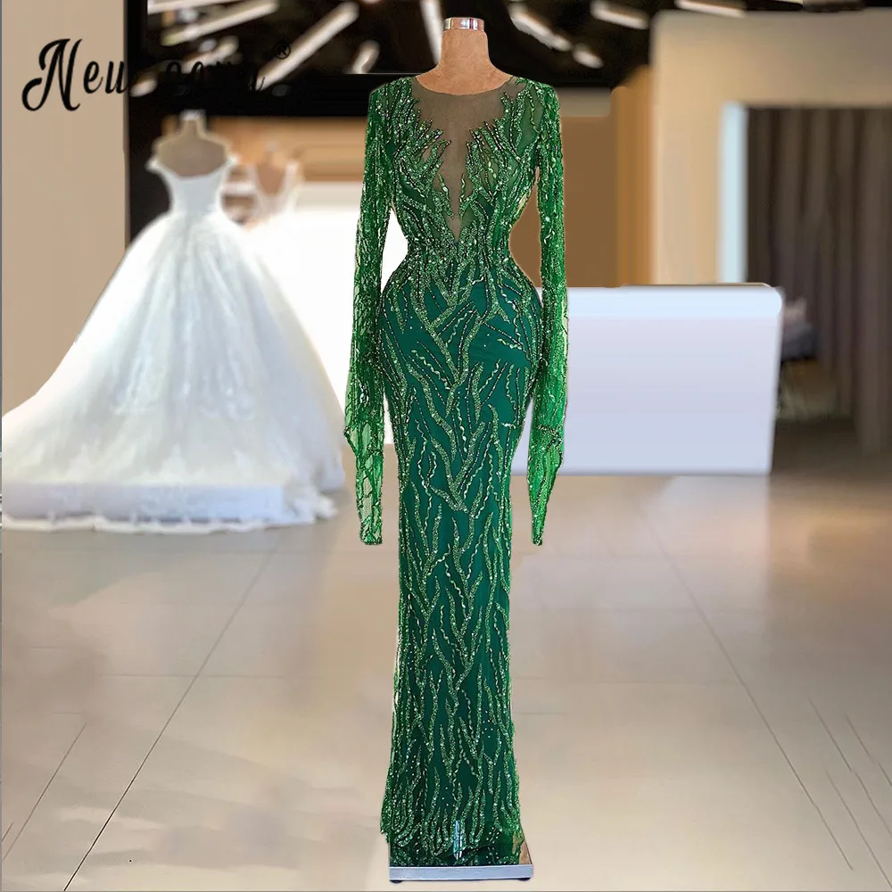 Verde de luxo manga longa sereia vestido de noite 2021 sparkly frisado para a festa feminina marroquina kaftan muçulmano vestido de baile plus size