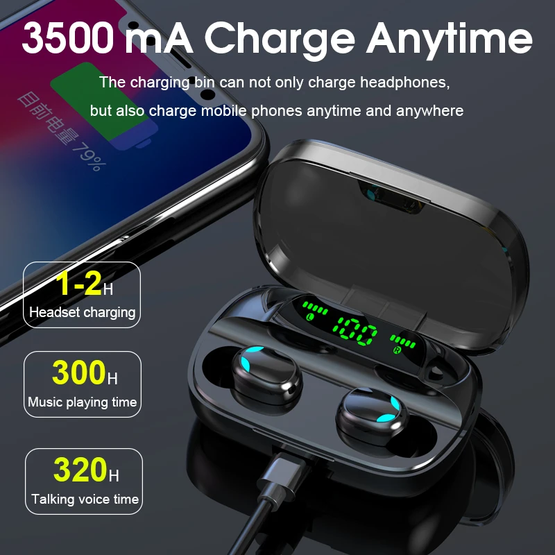 Hembeer Bluetooth 5.0 Wireless Earphone TWS Headphones Touch Control Earbuds 9D Stereo Headset 3500mAh Power Bank For Phone