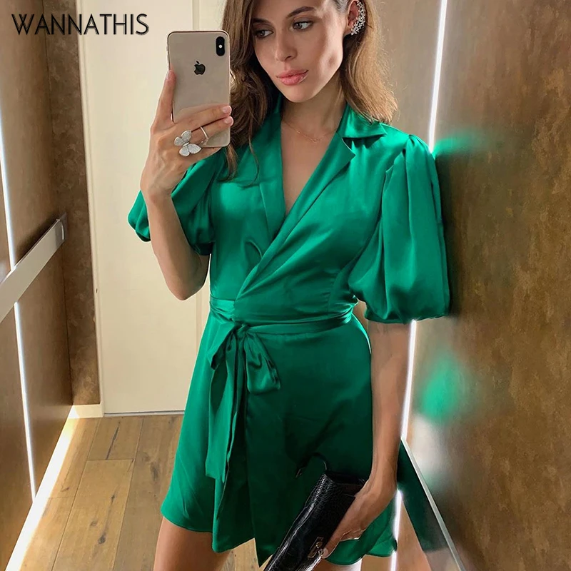 

WannaThis Elegant Lady A-line Dresses Reflective Silk Puff Sleeve Bow Laceup Bandage V-Neck Solid Green Satin Party Mini Dresses
