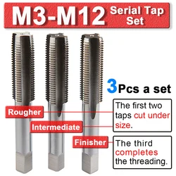 3 piezas HSS métrica serie grifo conjuntos M3 M4 M5 M6 M8 M10 M12 mano corte de hilo machos máquina de alta velocidad de acero de taladro