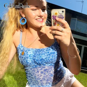 

Ruched See Through Mesh y2k Tops for Women Leopard Printed Sleeveless Cropped Tops Clubwear Summer Sexy Camisole Cuteandpsycho