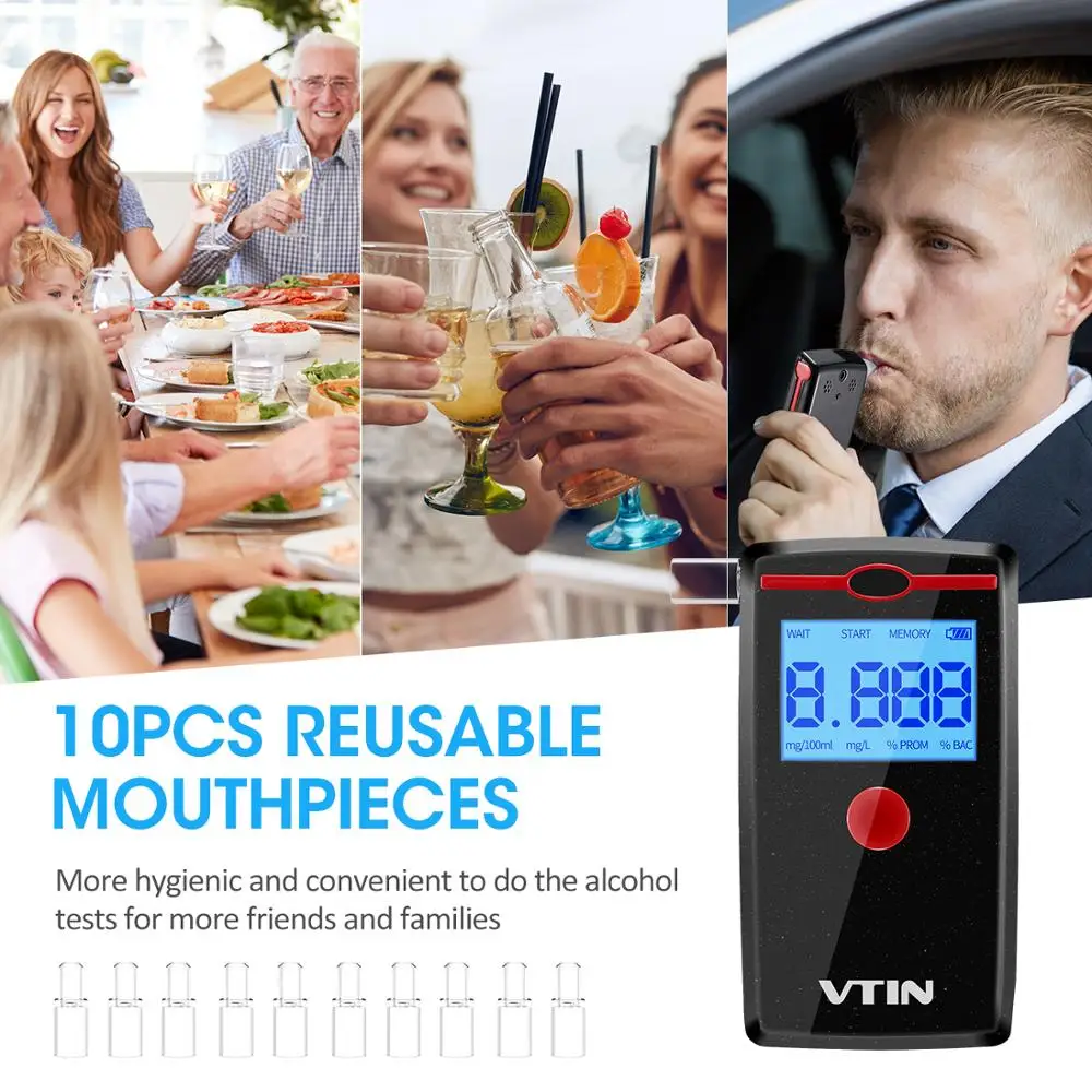 VTIN, перезаряжаемый алкотестер, портативный, ЖК-дисплей, алкотестер, профессиональный, точный, Алкотестер с 10 шт. мундштуком
