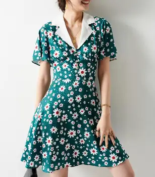 

Vintage Daisy Print Patchwork Turn-down Collar Women Dress Green Floral Summer Short Sleeve Mini Dresses