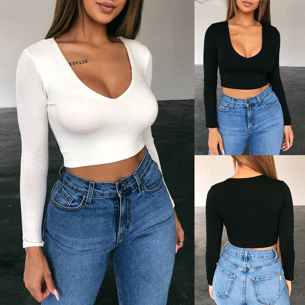 deep v neck long sleeve shirt
