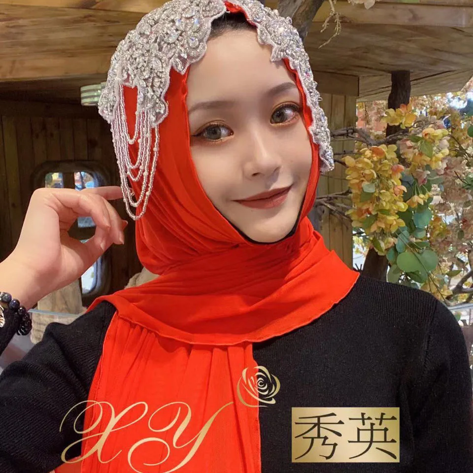 Роскошные мусульманские женские модные свадебные хиджабы с бисером