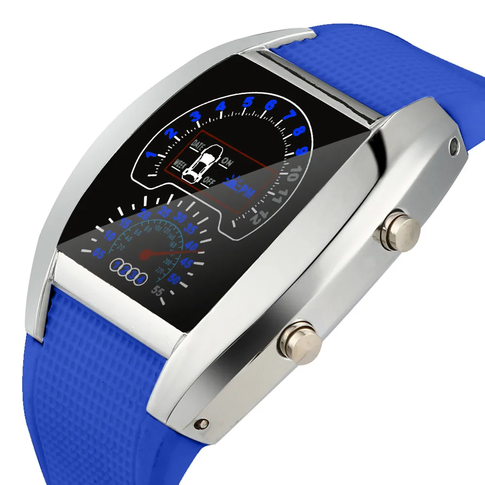 Светодиодный мужские часы, модные цифровые часы, светильник, вспышка, турбо спидометр, спортивный автомобиль, циферблат, метр, часы для бега, цифровые часы - Цвет: Blue