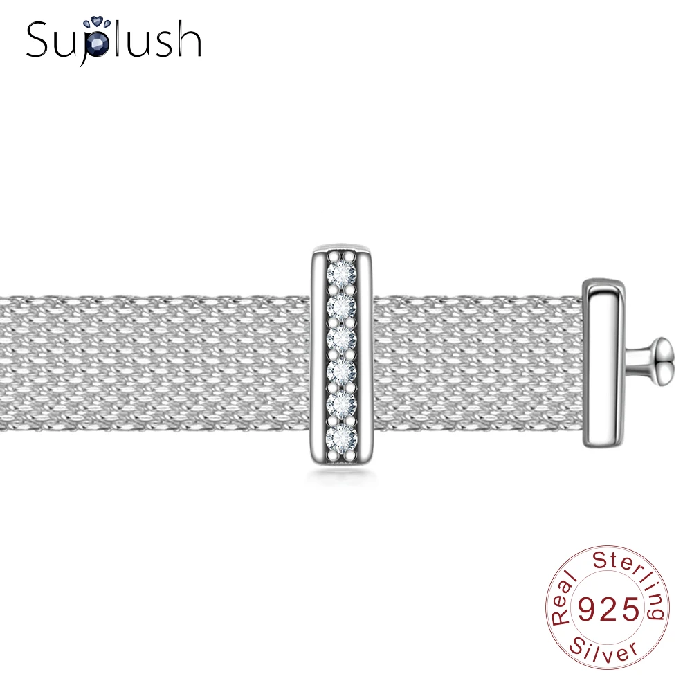 

Suplush Sparkling Simple Clip Charm 925 Sterling Silver Charm Fit Original Pandora Reflexions Bracelet DIY Accessories For Women