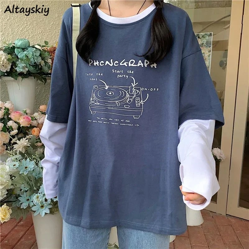 Fake Two Pieces Long Sleeve T-shirts Women Letter Print Graphic Tee ...