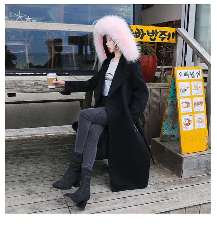 Высококачественное осенне-зимнее женское Шерстяное Пальто очень большого размера, длинное шерстяное пальто с меховым воротником, элегантное роскошное пальто f2188
