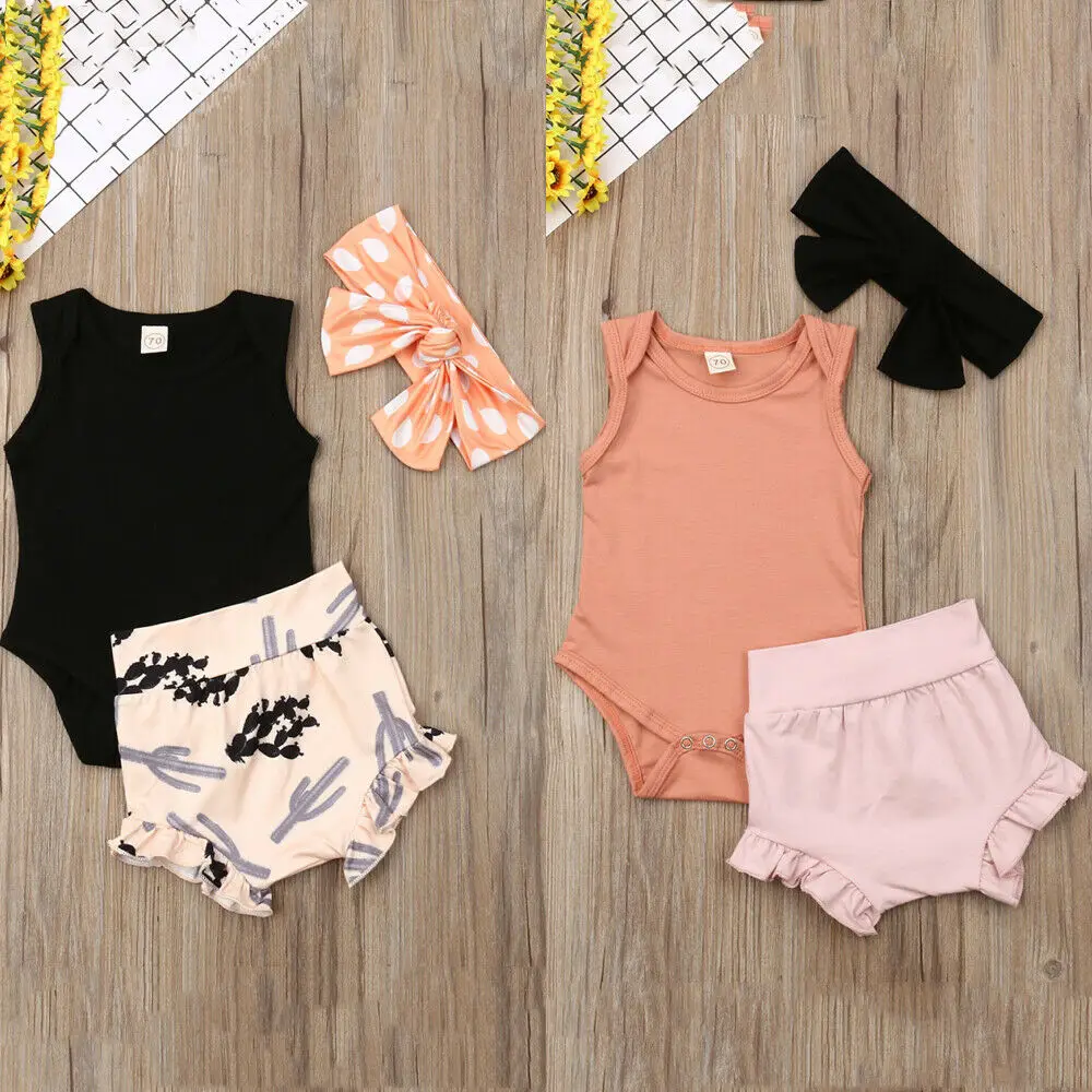 

FOCUSNORM Summer Suit Newborn Baby Girls Clothes 3pcs Cotton Romper Short Pants Headband For Baby Girl Outfits Set 6-24Months