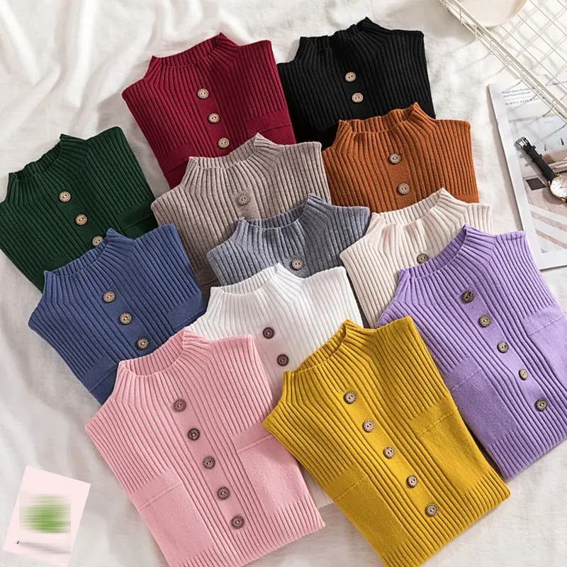 Womens Sweaters 2020 New Fashion Button Turtleneck Sweater Women Soft Knitted Ladies Sweater Winter Tops Pullover Jumpers Ladies