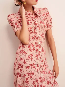 

2020 Spring Summer Floral Women Midi Dress Peter Pan Collar Ladies Flowers Print Single-breasted Slim Lady Holiday Long Dresses