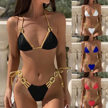 

Women Diamond Decoration Bikini Set Push Up Swimsuit Beachwear Padded Swimwear Plain metal accessories split Sexy bikini