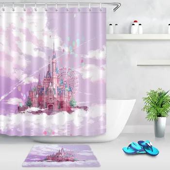 

Funny Pink Purple Cute Castle in the Clouds Shower Curtain and 12 Hooks Sets Bathroom mat Nature Waterproof Polyester Fabric