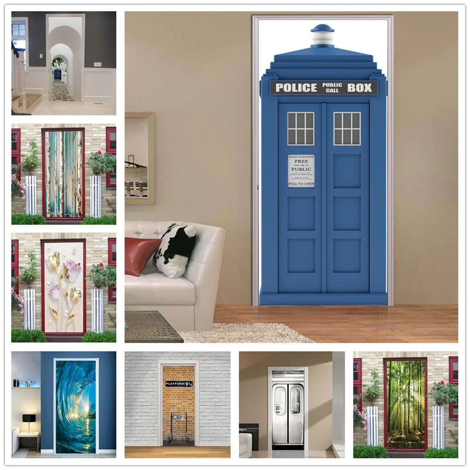 

Blue Police Box Stickers on the Doors Self Adhesive Waterproof Wall Mural Decal Door Wallpaper DIY Home Design autocollant porte