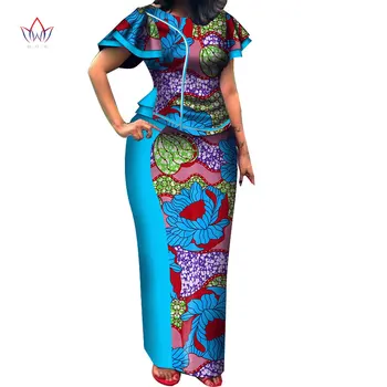 

2020 Autumn Women African Clothing Top And Skirt Set O-neck Bazin Riche Short Sleeve Plus Size Evening Dress Naturl 5xl WY3712