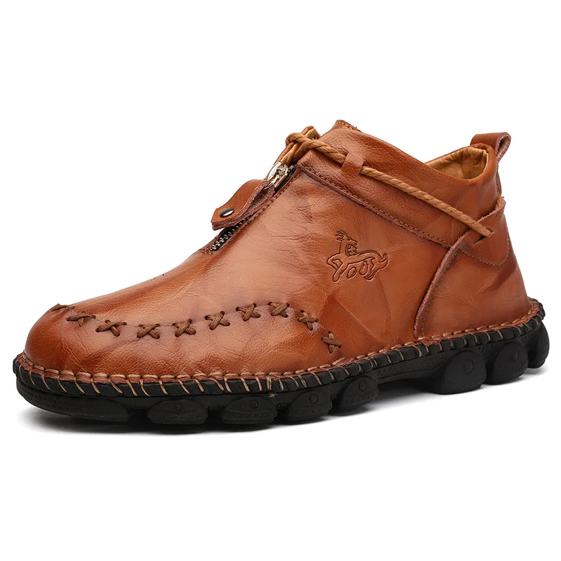 

JUNSRM Autumn New Leather Men Boots Winter High Tops Man Casual Ankle Boot Comfortable Men's Snow Shoes Work Plus Size 38-48
