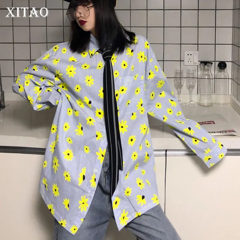 XITAO/полосатая женская рубашка с цветочным рисунком, розовые свободные элегантные топы с длинными рукавами для отдыха, новинка года, осенняя желтая блузка для женщин ZYQ1822