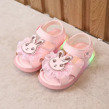 

Summer Girls Sandals Lace Rabbit Cartoon Sandals Lighting LED Anti-slip Small Children Toddler Girl Shoes Flat Heel Soft Sole