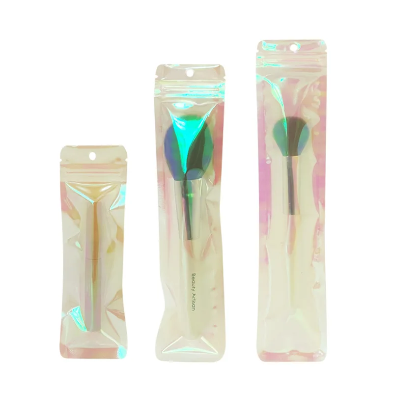 

50pcs Reclosable Holographic Plastic Zip Lock Gift Package Bag Flat Pouches Cosmetic Makeup Hologram Zipper Bags with Hang Hole
