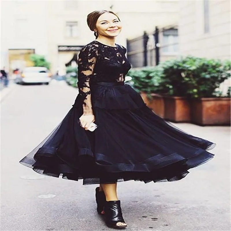

A line Black Cheap Prom Crew Lace Appliqued Tea Length Gowns Long Sleeve Party pageant for girls mother of the bride dresses
