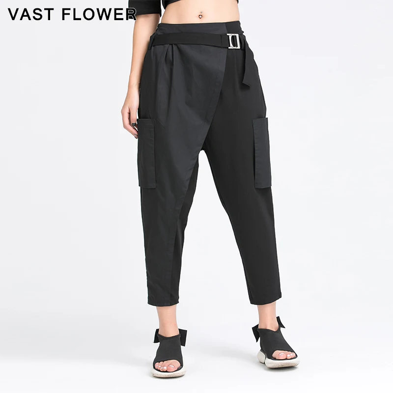 

Black Spliced Irregular Harem Pants Women New High Waist Pocket Sashes Loose Casual Ladies Trousers Fashion Spring Autumn 2021