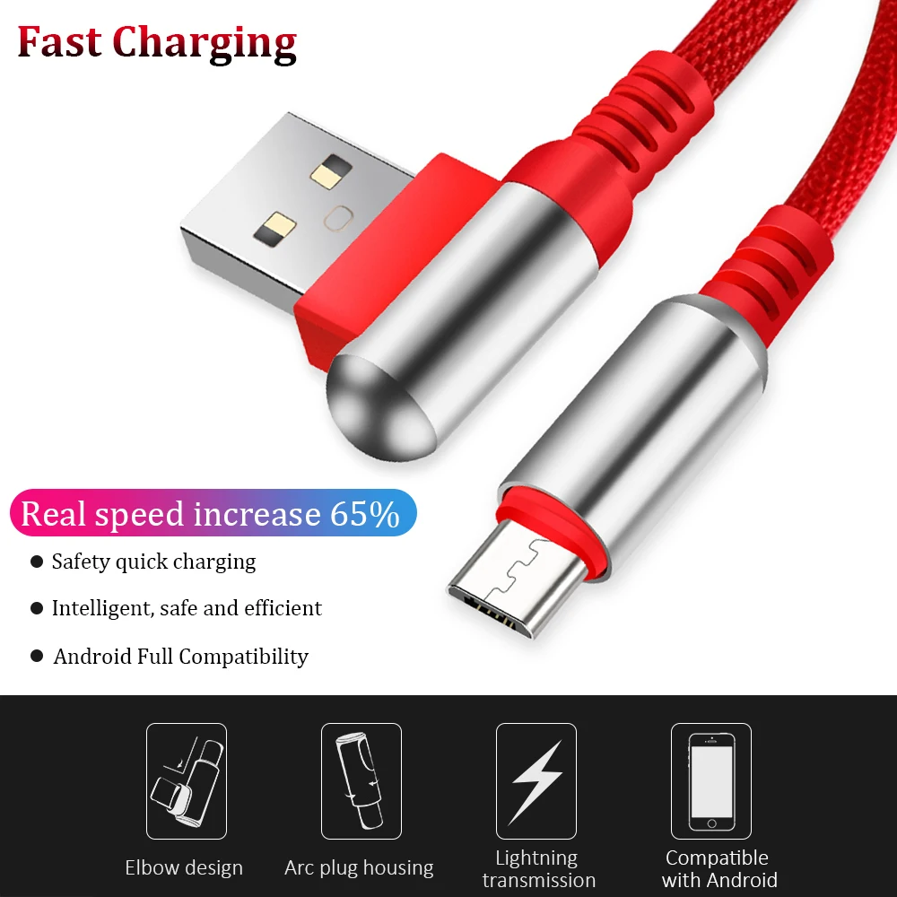 Микро USB кабель 2.1A прямоугольный разъем(под углом 90 градусов Локоть быстрой зарядки Зарядное устройство USB шнур USB кабель с нейлоновой оплеткой для передачи данных Android кабели для мобильного телефона