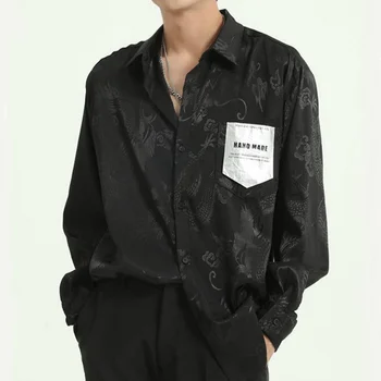 

Black Jacquard Dragon Shirt Long sleeve Satin Shirts Spread Collar
