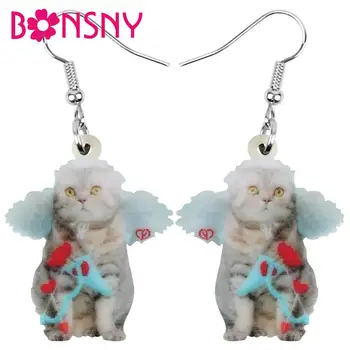 

Bonsny Acrylic Valentine's Day Angel Wing Scottish Fold Cat Earrings Drop Dangle Jewelry For Women Girls Teens Charms Party Gift
