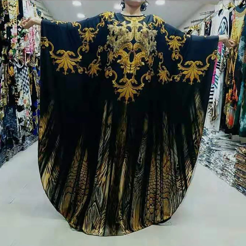 

African Dresses for women Fashion Design Gold Floral Animal Pattern Printed O-Neck Batwing Sleeve Loose Mama dress