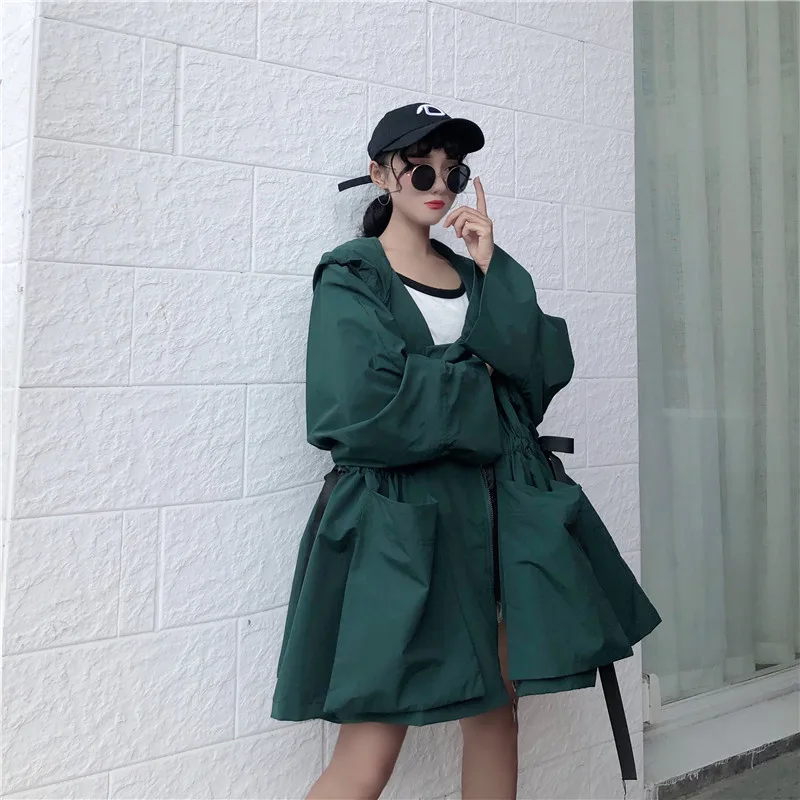Neploe Harajuku с капюшоном куртка с затяжкой, больше обычного размера, длинный поясом тонкая талия пальто Новинка осени Для женщин стиль сафари куртки 54826