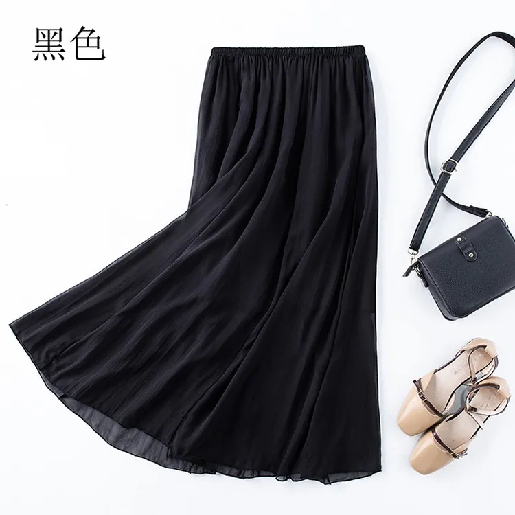 

Women 100% Silk Maxi Skirt Solid Black Color Two-Layer Pleated Long Skirt Summer Beach JN010-1