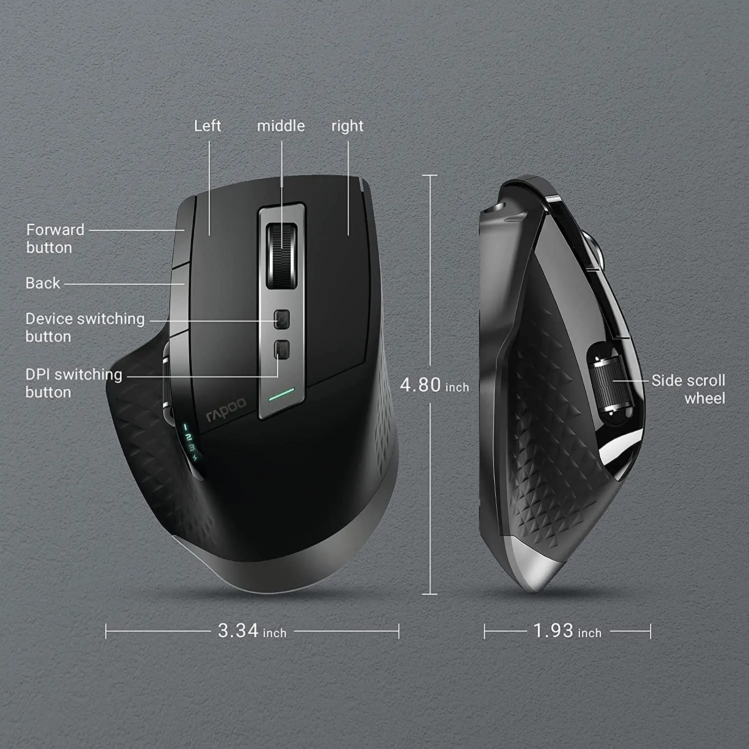 Rapoo 충전식 멀티 모드 무선 마우스, 컴퓨터 노트북용 블루투스 마우스, 3200 DPI 지지대, 최대 4 개 장치, MT750S, MT750L