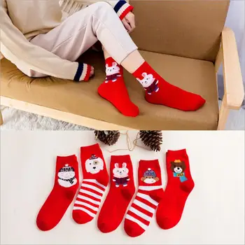 

1 pair of autumn and winter cute new year christmas women's socks striped cartoon comfortable big red cotton socks