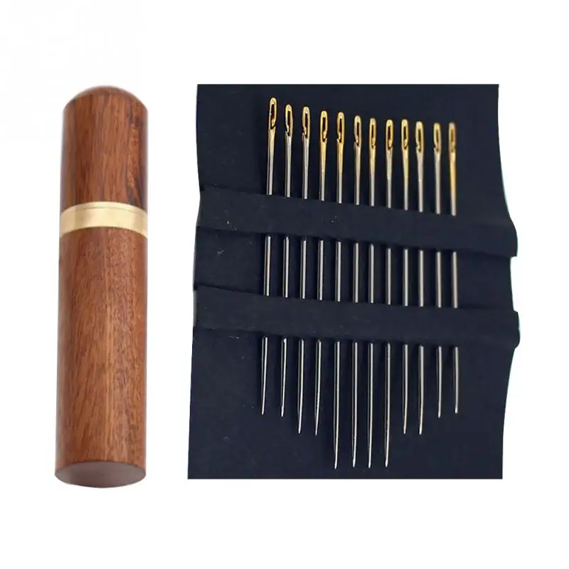 

12 Pcs Sewing Needle Set With Natural Wood Self Threading Sewing Needle Case Storage Knitting Tube Shaped Tool #