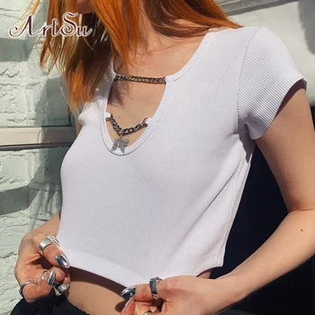 

ArtSu Butterfly Chain Crop Top White Summer Basic Tshirt Femme Cute Casual Black Tee Shirt Ladies T-shirt Streetwear ASTS28026