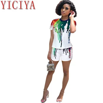 

2 Piece Set Women Short Sleeve Tee And Short Pants Outfit Suits Tracksuit Outfits Colorful Printing Summer Clothes For Women