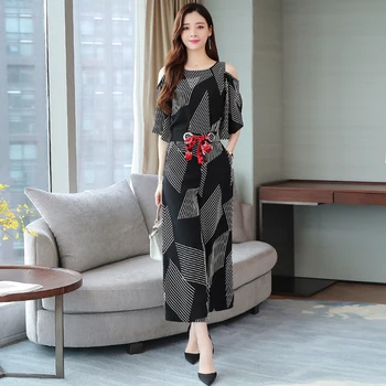 

Women Vogue Geometric Pants Sets 2 Pcs Elastic Waist Lace Up Wide Leg Pants&Off The Shoulder Loose Tops Office Lady Pant Suits