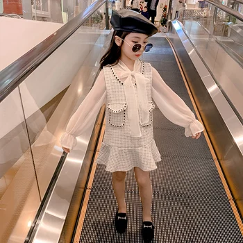 

Big Girls Casual Dresses Sleeveless 2pcs Teenager Girls Dresses+ Blouses Sets Long Sleeve Shirts Student Girls Dresses for Party