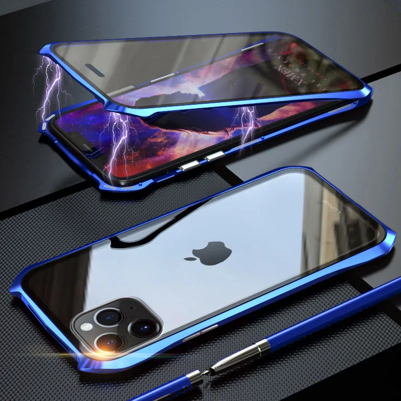 Для iPhone 11 Pro Max 11 чехол, стиль летучая мышь тонкая металлическая рамка, взрывозащищенный чехол из закаленного стекла с магнитной адсорбцией - Цвет: Синий