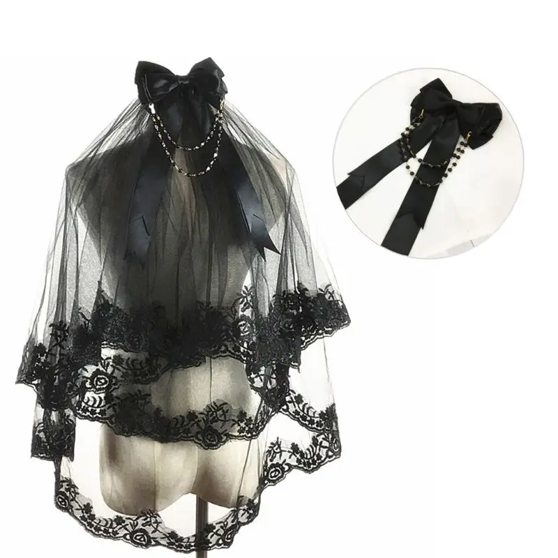 

2Layer Detachable Bowtie Wedding Veil Floral Lace Rim Black Tulle Mesh with Comb N84D