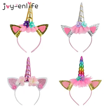 

Rainbow Unicorn Headbands For Girl Birthday Unicorn Horns Flowers Cat Ears Headwear Birthday Party Decoration Kids Photo Props