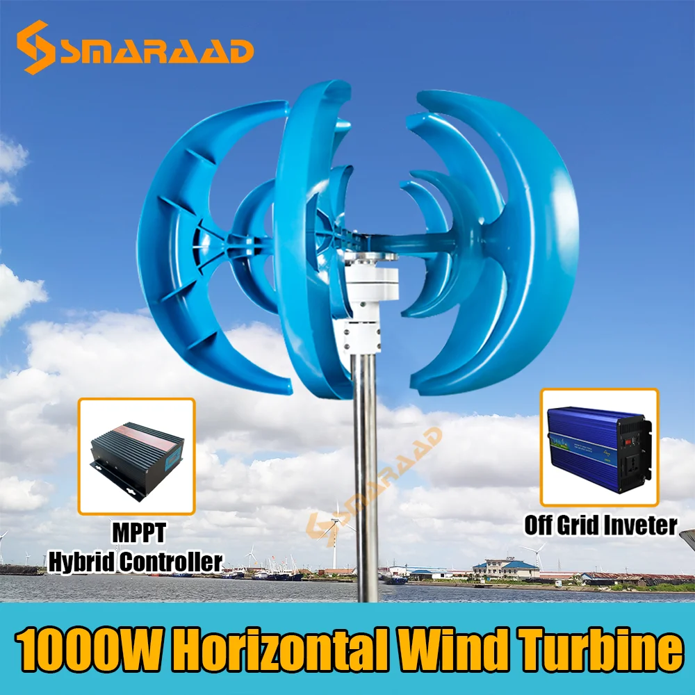 Turbina Eólica Vertical com Controlador de Carregamento MPPT, 1000W, 12V, 24V, Gerador Eólico, VAWT, Pequeno Moinho de Vento, Energia Livre