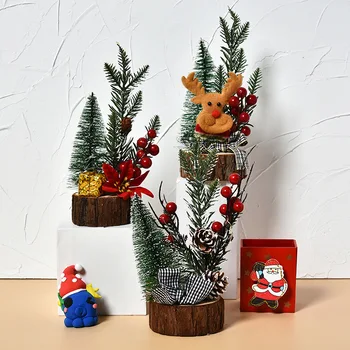 

LED Mini Christmas tree 23cm desktop with lamp ornaments plush ball doll bow golden red Christmas tree set