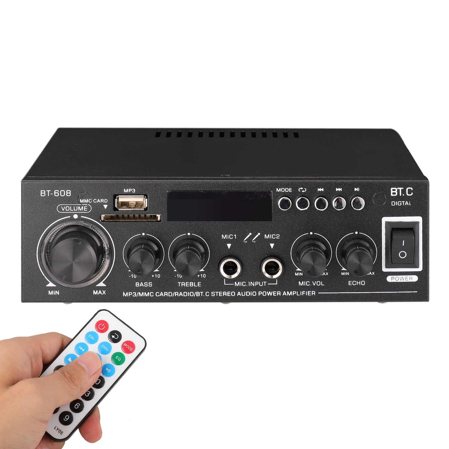 Мини цифровой усилитель мощности аудио MP3 плеер FM Радио BT стерео аудио приемник ЖК-дисплей двойной микрофон вход для дома автомобиля