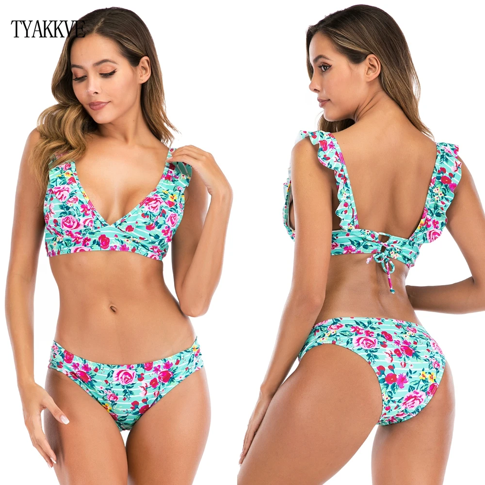 

New 2020 Women Swimsuit Bandage Bikini Set Push-Up Brazilian Floral Print Boho Bikini Ruffle Swimwear Beachwear Women's swimsuit