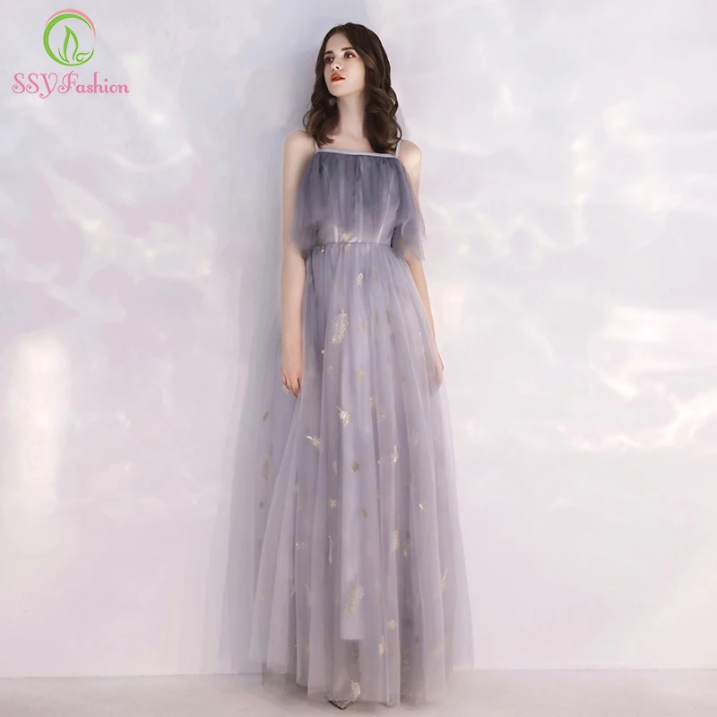 

SSYFashion New Grey Evening Dress Banquet Elegant Spaghetti Strap Tulle Floor-length Formal Prom Gown Special Occasion Dresses
