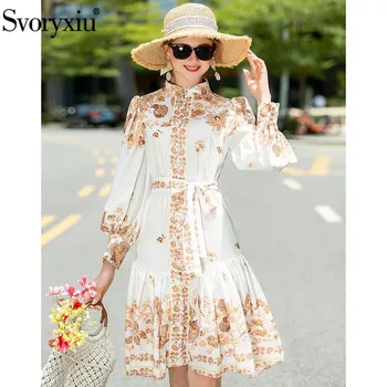 

Svoryxiu Women's Autumn Winter Vintage Runway Dress Fashion Stand Collar Single-Breasted Flower Print Lantern Sleeve Dress